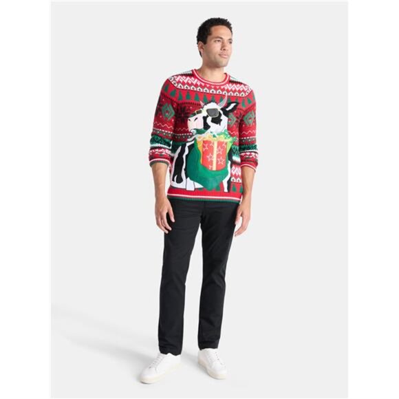 Men’s Christmas Cow Sweater with Drink Pocket Holiday Long Sleeve Ugly Sweater - Picture 2 of 6